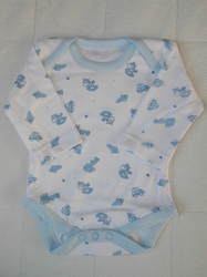 Bílé kojenecké body s dlouhým rukávem, modrým lemem a celopotiskem raket, koníčků a autíček
