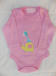 Růžové kojenecké body s dlouhým rukávem a výšivkou slona s žirafou pro holčičky