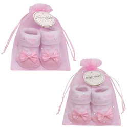 Růžový doplněk kojeneckého oblečení, kojenecké ponožky s mašličkou a nápisem