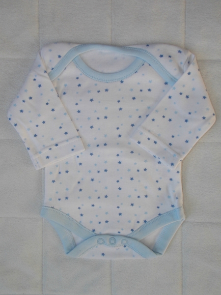 Bílé kojenecké body s dlouhým rukáve, modrým lemem a celopotiskem hvězdiček