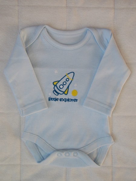 Modré kojencké body s dlouhým rukávem a raketou