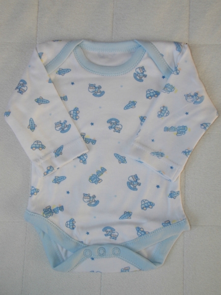Bílé kojenecké body s dlouhým rukávem, modrým lemem a celopotiskem koníčků, autíček a raket