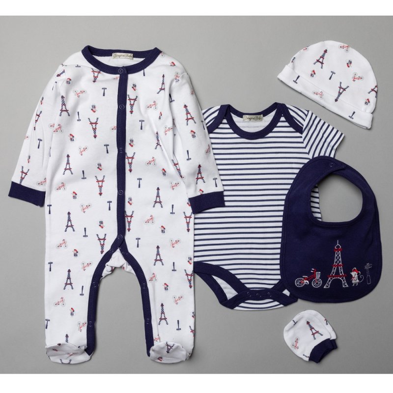 6dílná dárková souprava kojeneckého oblečení Bonjour Bébé Paříž detail pro chlapečky