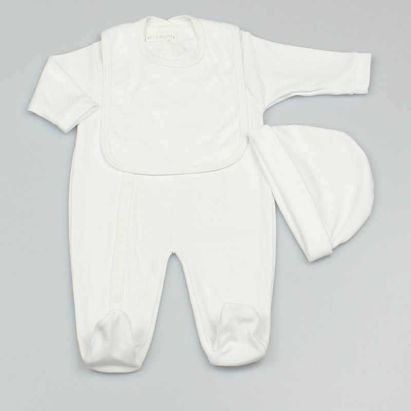 Souprava kojeneckého oblečení s bryndákem, čepičkou a kojeneckými dupačkami bílá